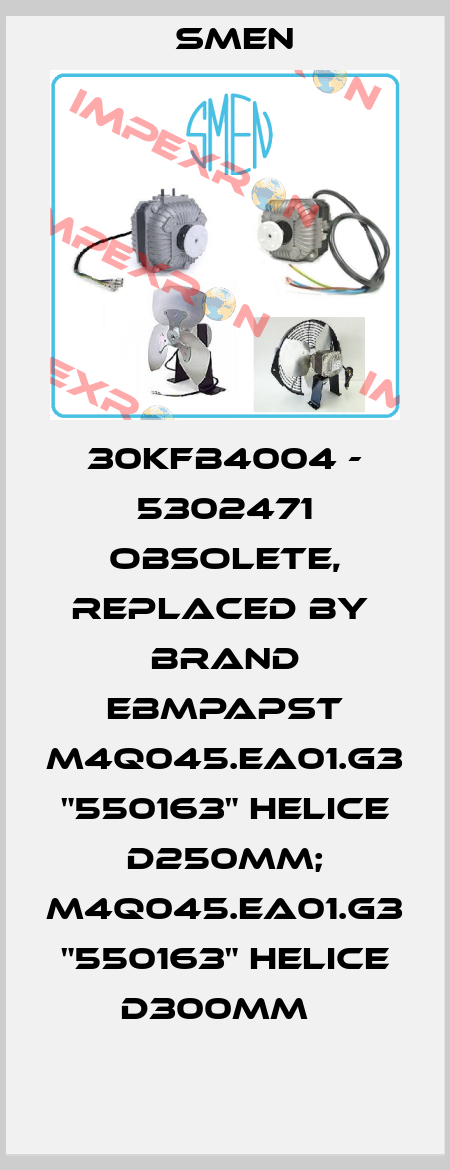 30KFB4004 - 5302471 obsolete, replaced by  brand EBMpapst M4Q045.EA01.G3 "550163" HELICE D250MM; M4Q045.EA01.G3 "550163" HELICE D300MM   Smen